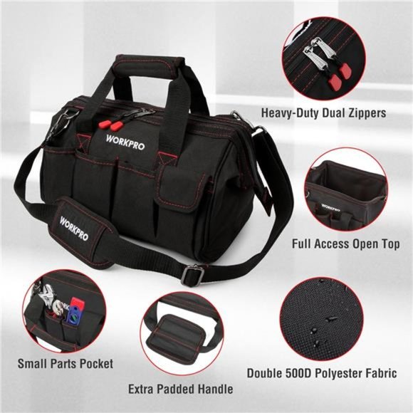 WORKPRO 14" Tool Bag, Multi-pocket Tool Organizer with Adjustable Strap , black - Picture 6 of 7